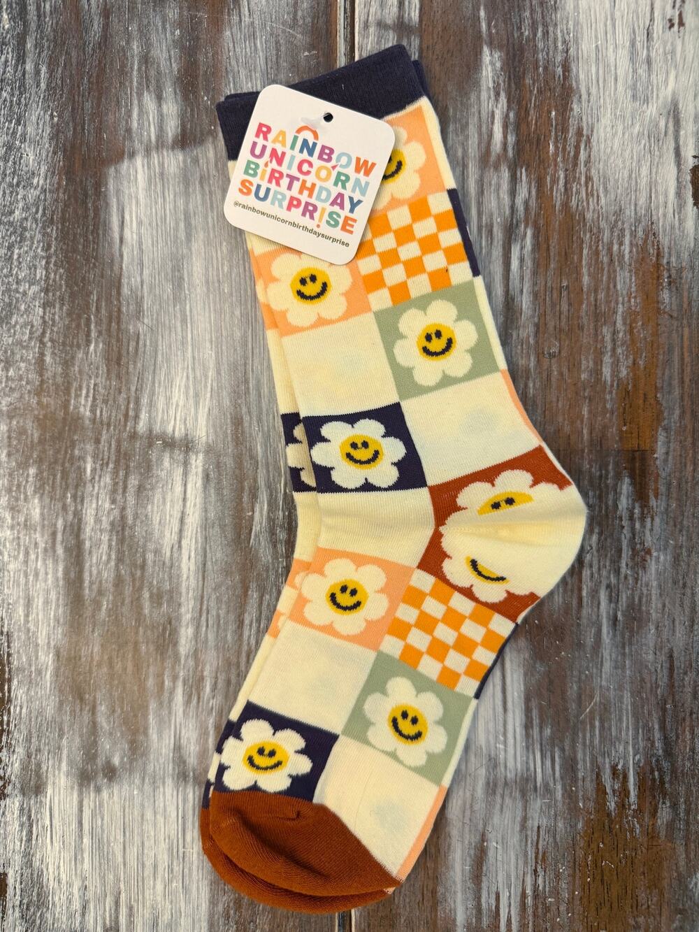 Rainbow Unicorn Birthday Surprise Socks with Flowers and Happy Faces One Size
